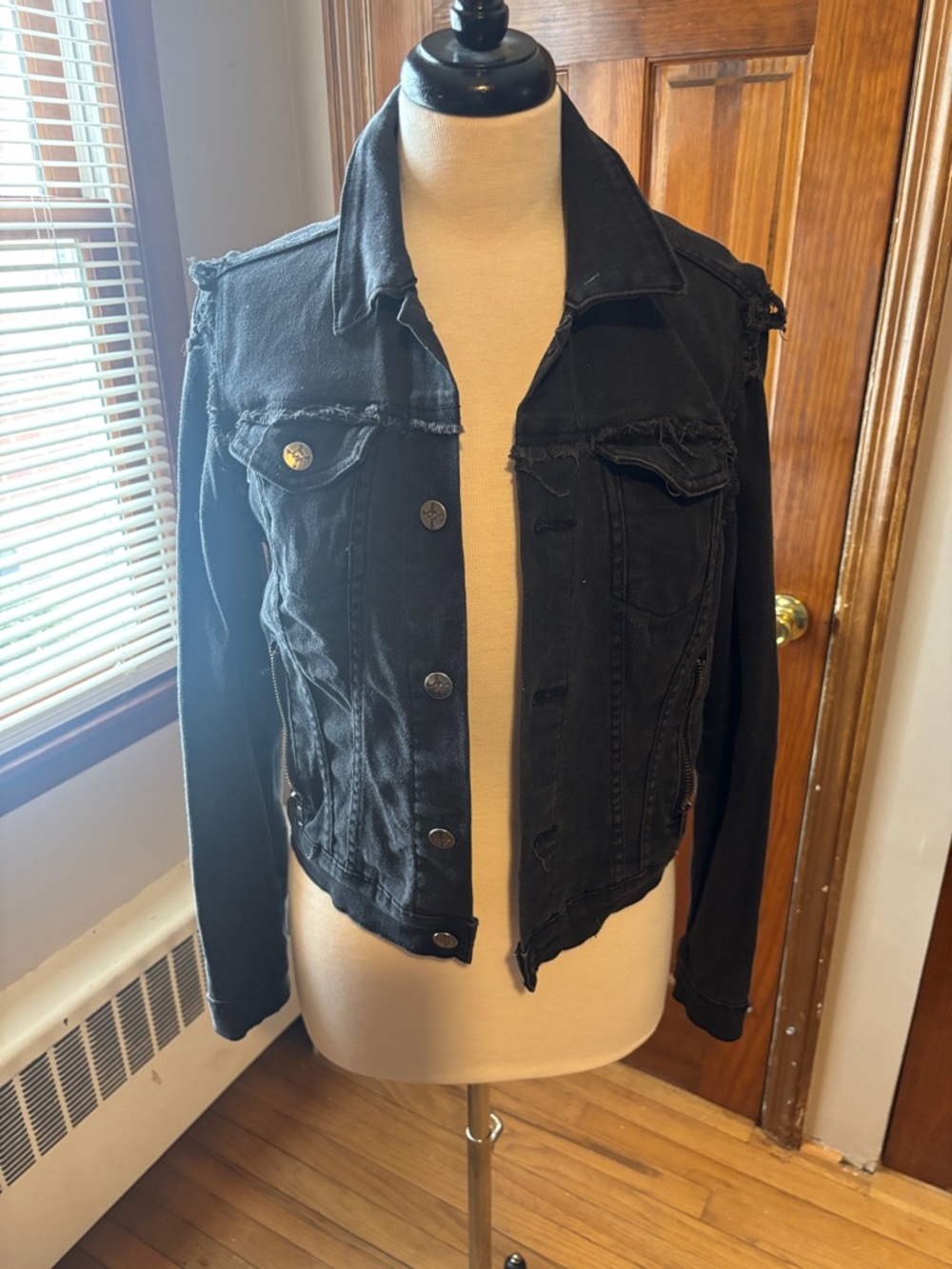 Women's Black Distressed Jean Jacket - Sleeved Trucker Style